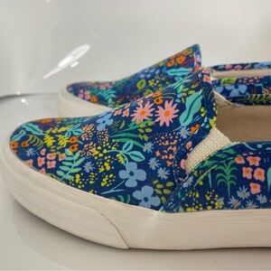Keds Navy Floral Slip-On Sneakers with Pink Logo. Keds x Rifle Paper Co.